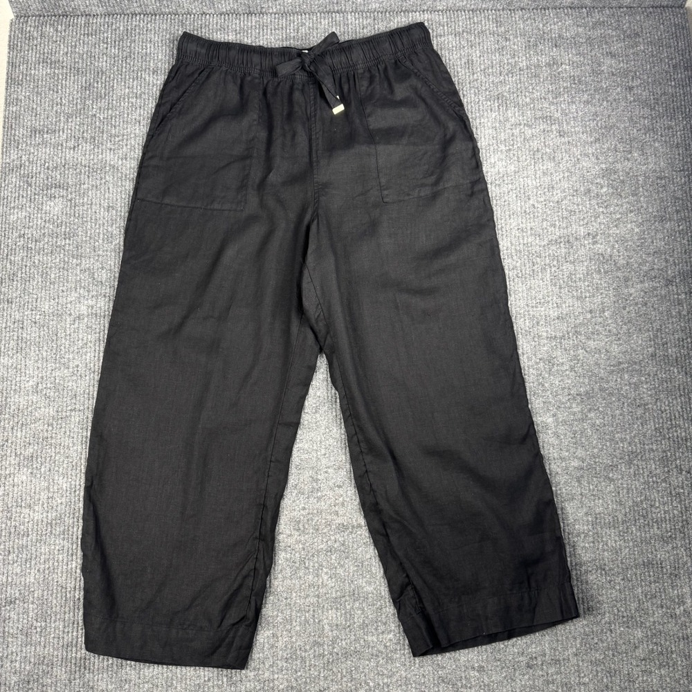 Joie Pants Womens XL Black 100% Linen Elastic Waist Drawstring Crop Wide Leg